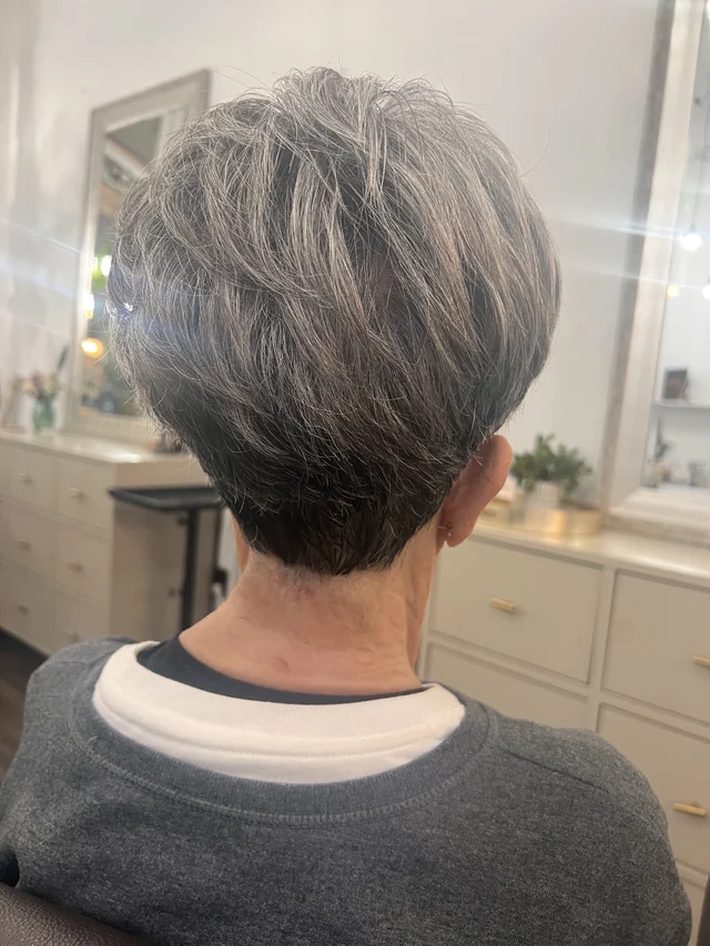 Back view of a tapered short cut with silver strands through the darker crown