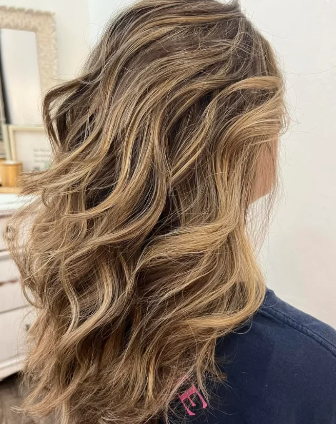 Back view of shoulder-length brunette waves with lighter highlights