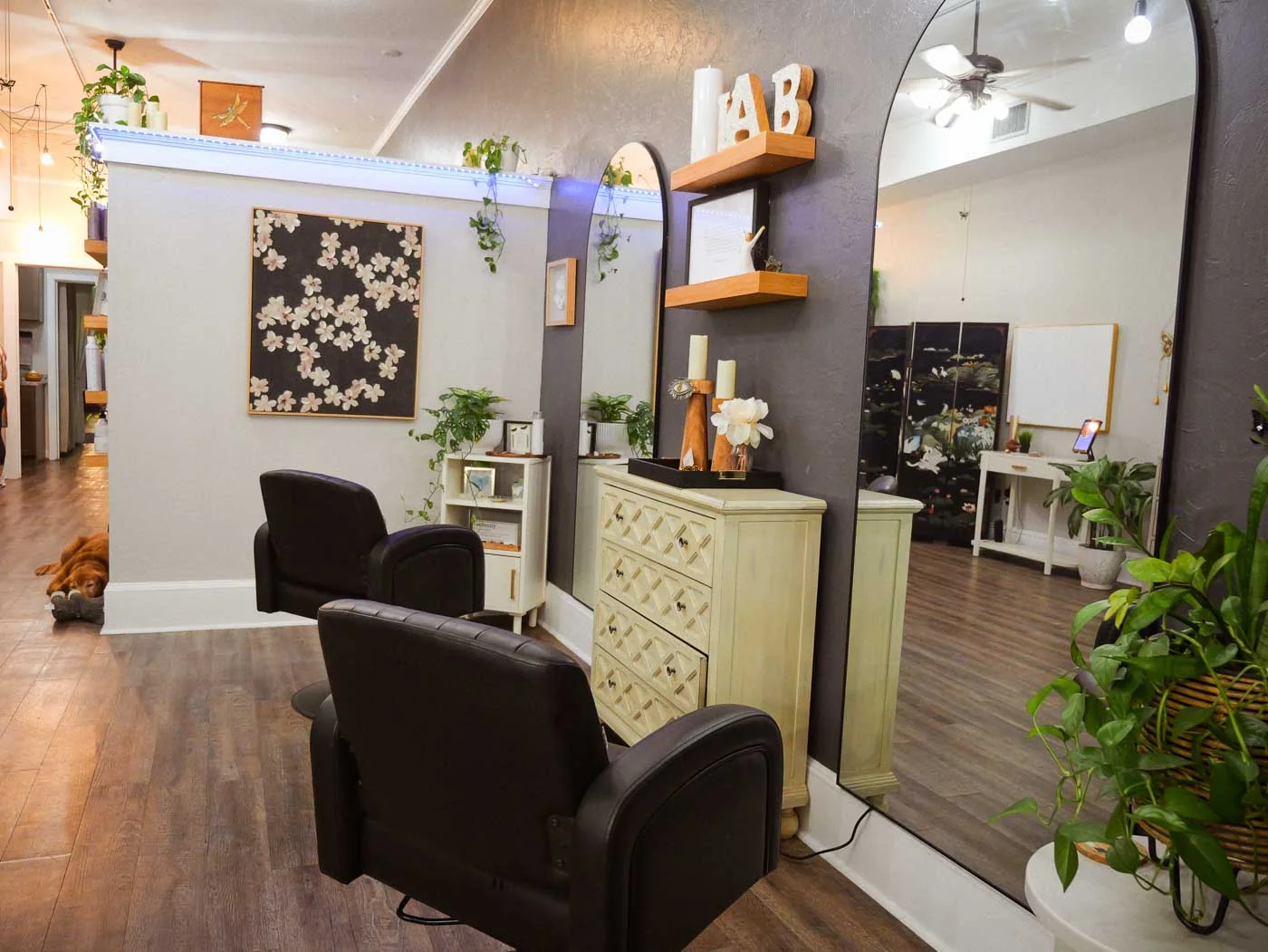 Two black styling chairs beside a cream cabinet